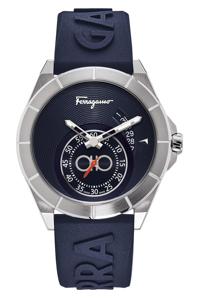 Salvatore Ferragamo Urban Silicon Strap Watch, 43mm, Main, color, BLUE/ SILVER