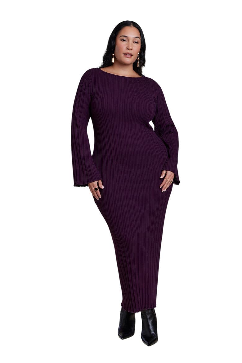 Lettuce Hem Ribbed Sweater Maxi Dress (plus), Main, color, PURPLE