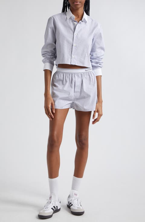 SRC Embroidered Stripe Cotton Crop Button-Up Shirt