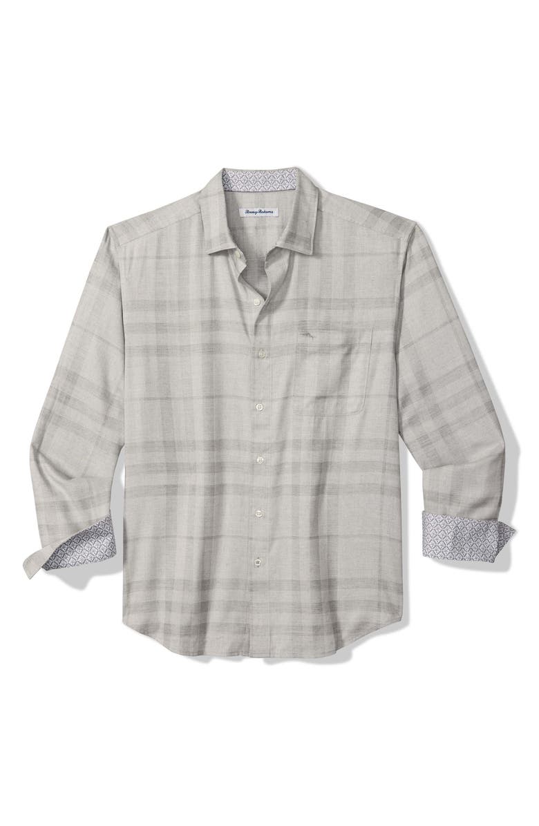Tommy Bahama Silver Mist Plaid Cotton & Viscose Button-Up Shirt, Main, color, Silver Streak