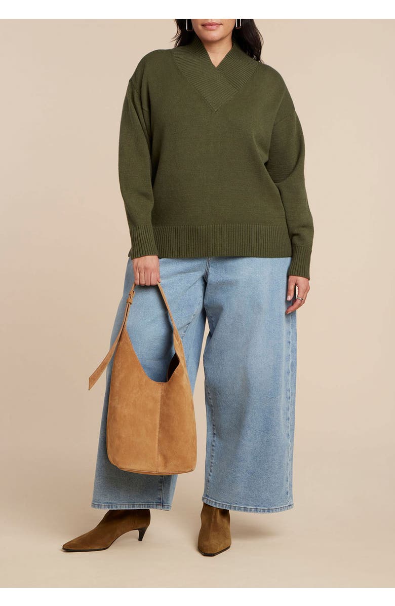 ELOQUII Overlap Mockneck Sweater, Alternate, color, Dark Forest Green