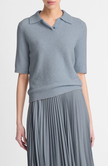 Shop Vince Bouclé Short Sleeve Silk Blend Polo Sweater In Lake Stone