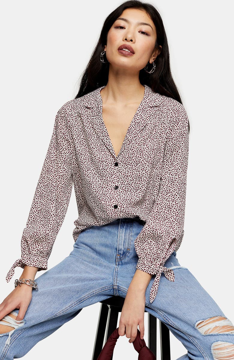 Topshop Micro Animal Print Tie Sleeve Blouse, Alternate, color, 