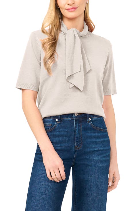 Tie Neck Short Sleeve Sweater
