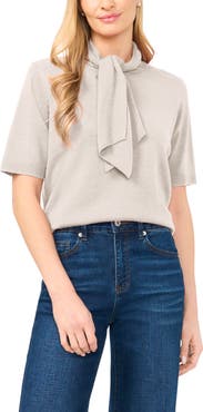 CeCe Tie Neck Short Sleeve Sweater