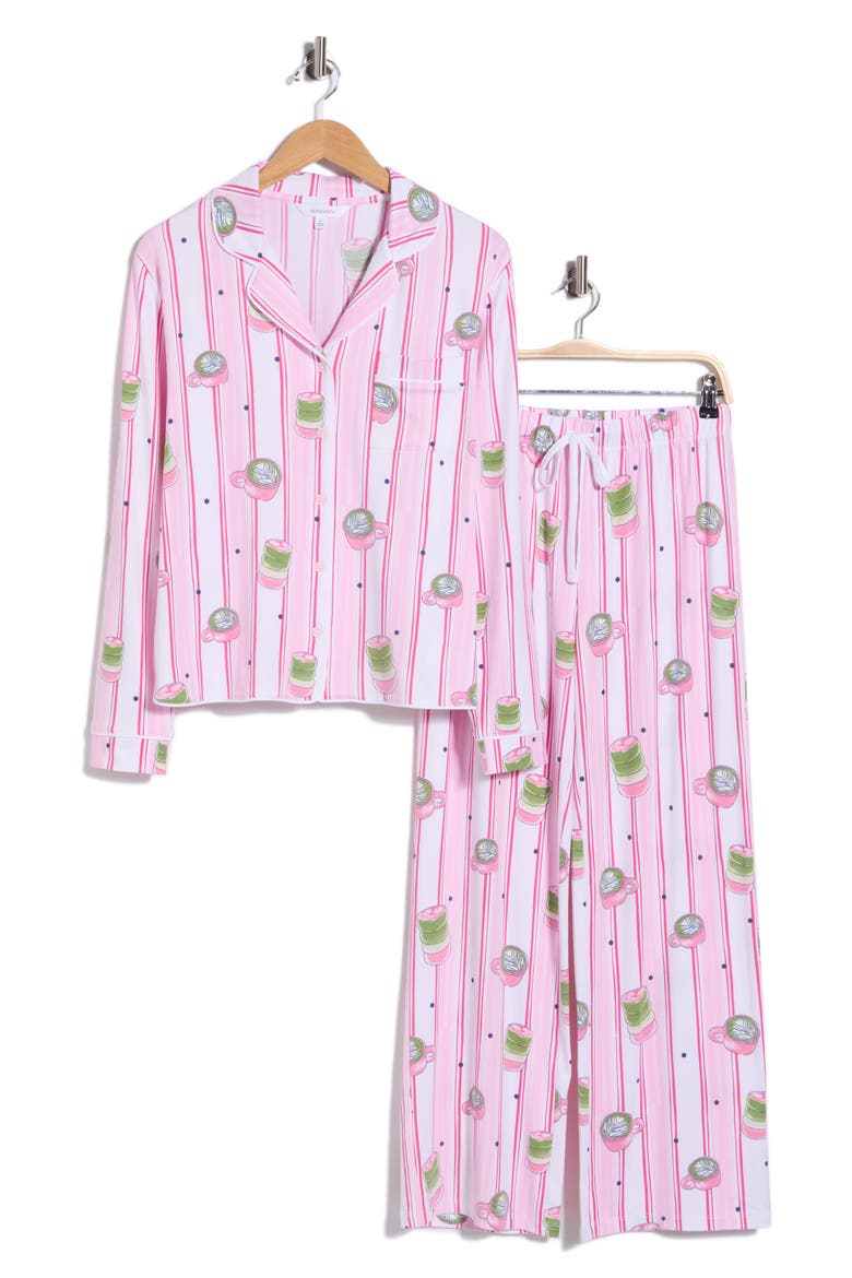 Quiet Night Long Sleeve Button-Up Top & Pants Pajamas, Alternate, color, STRAWBERRY MATCHA STRIPE
