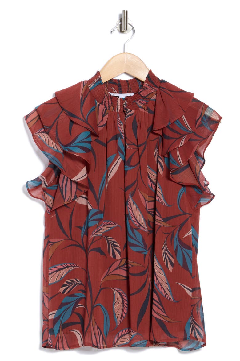 Mock Neck Ruffled Cap Sleeve Top, Alternate, color, CINNAMON