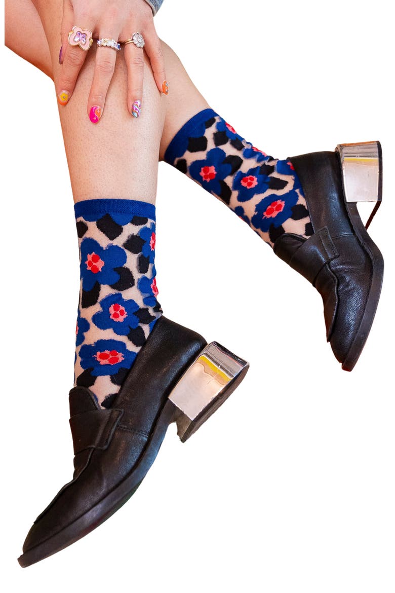 Bold Blooms Floral Sheer Crew Socks, Alternate, color, BLUE/ PINK