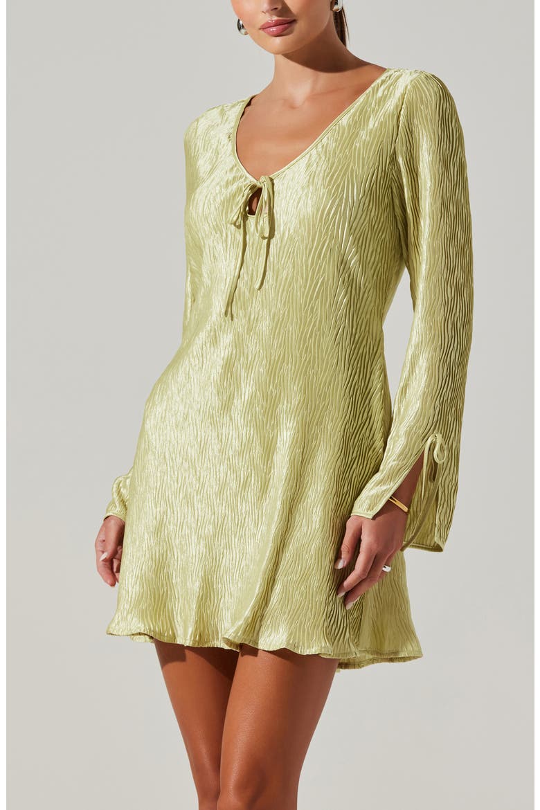 Long Sleeve Plissé Minidress, Alternate, color, CELERY