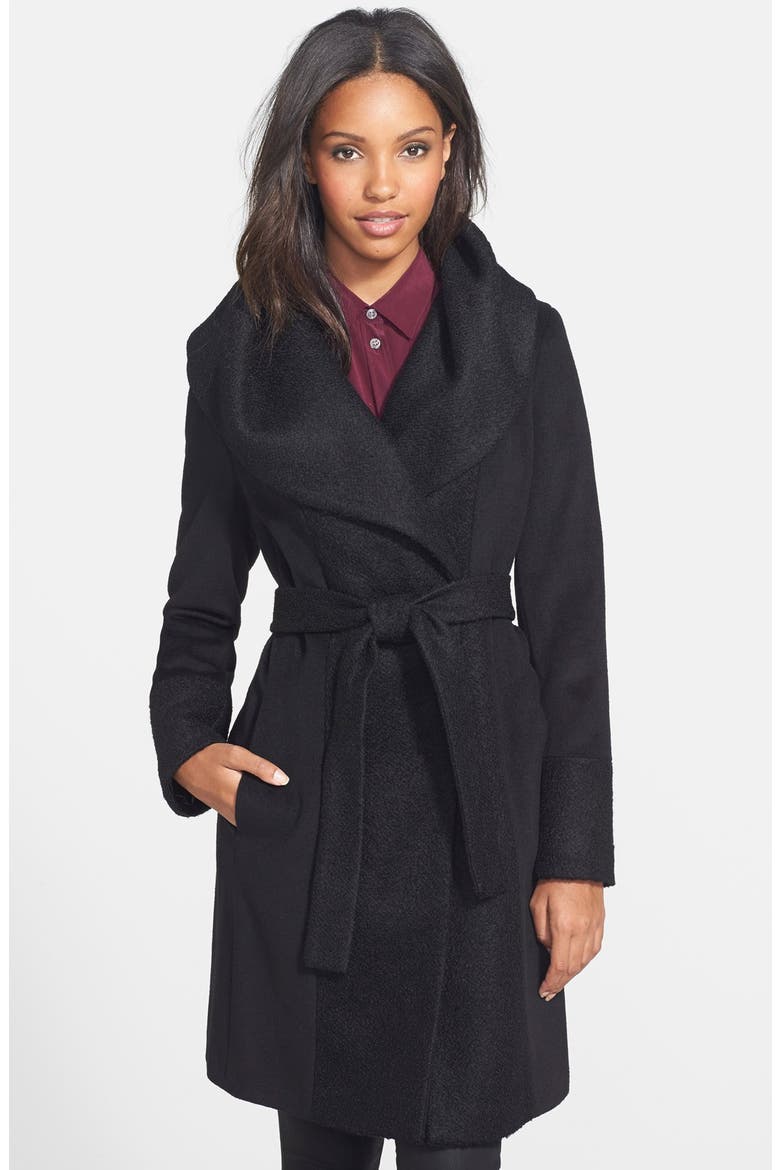 Textured Panel Wool Blend Wrap Coat, Main, color, BLACK