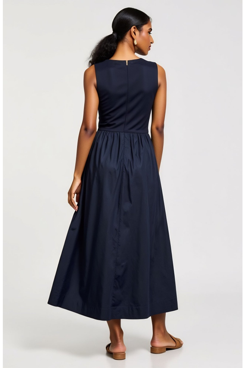 Sleeveless Fit-and-Flare Maxi Dress with Seam Waist and Side Pockets, Alternate, color, Navy Blue