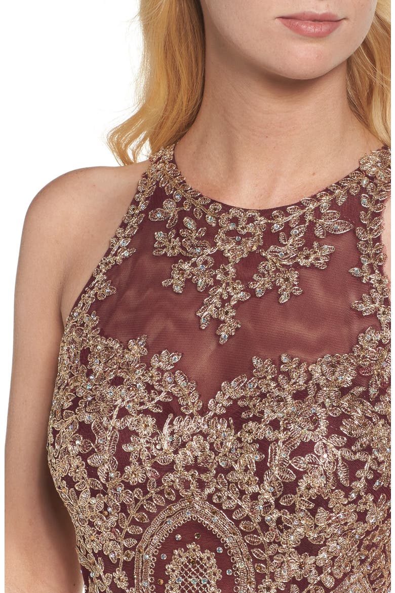 Xscape Embroidered Mermaid Gown, Alternate, color, WINE/ GOLD