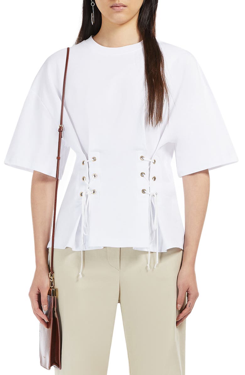 SPORTMAX Peplo Lace-Up Cotton Jersey Top, Main, color, 