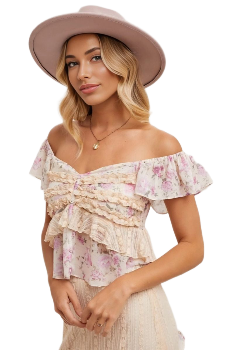 Knit and Lounge Floral Ruffle Cap Sleeve Sweetheart Top, Alternate, color, Soft Pink Beige Blush Floral