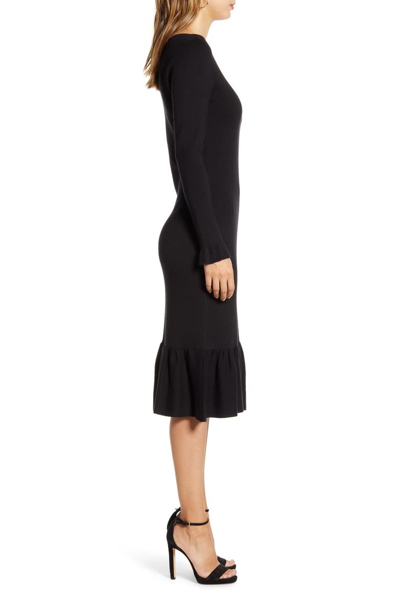 Ruffle Trim Sweater Dress, Alternate, color, BLACK