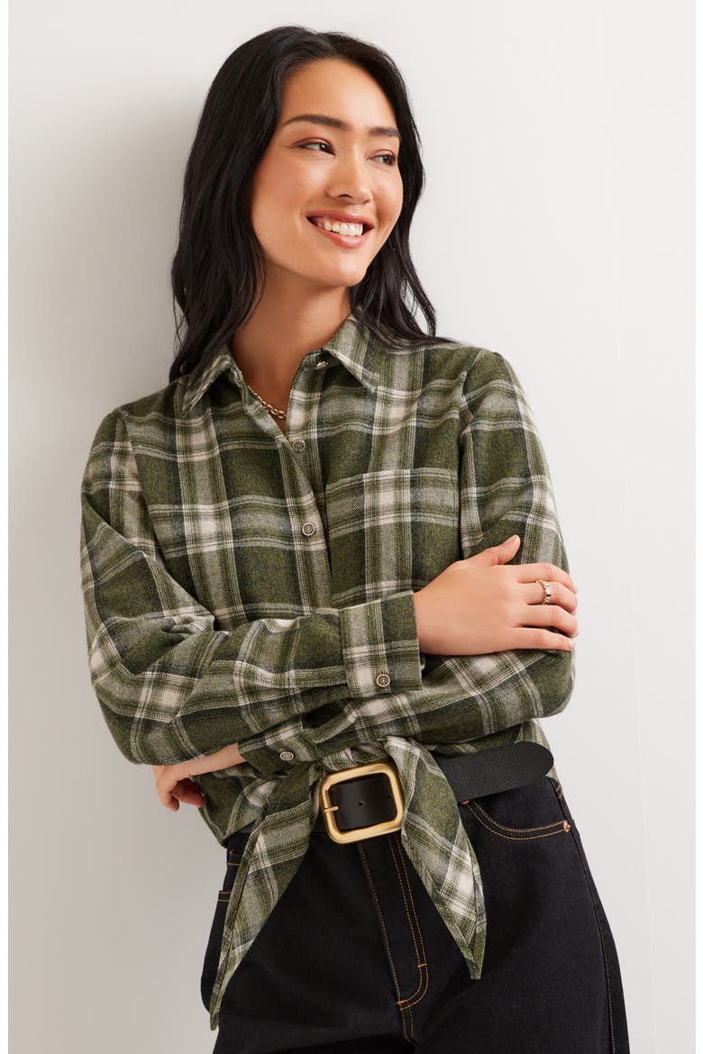Plaid Tie Front Flannel Shirt, Alternate, color, FOREST GREEN