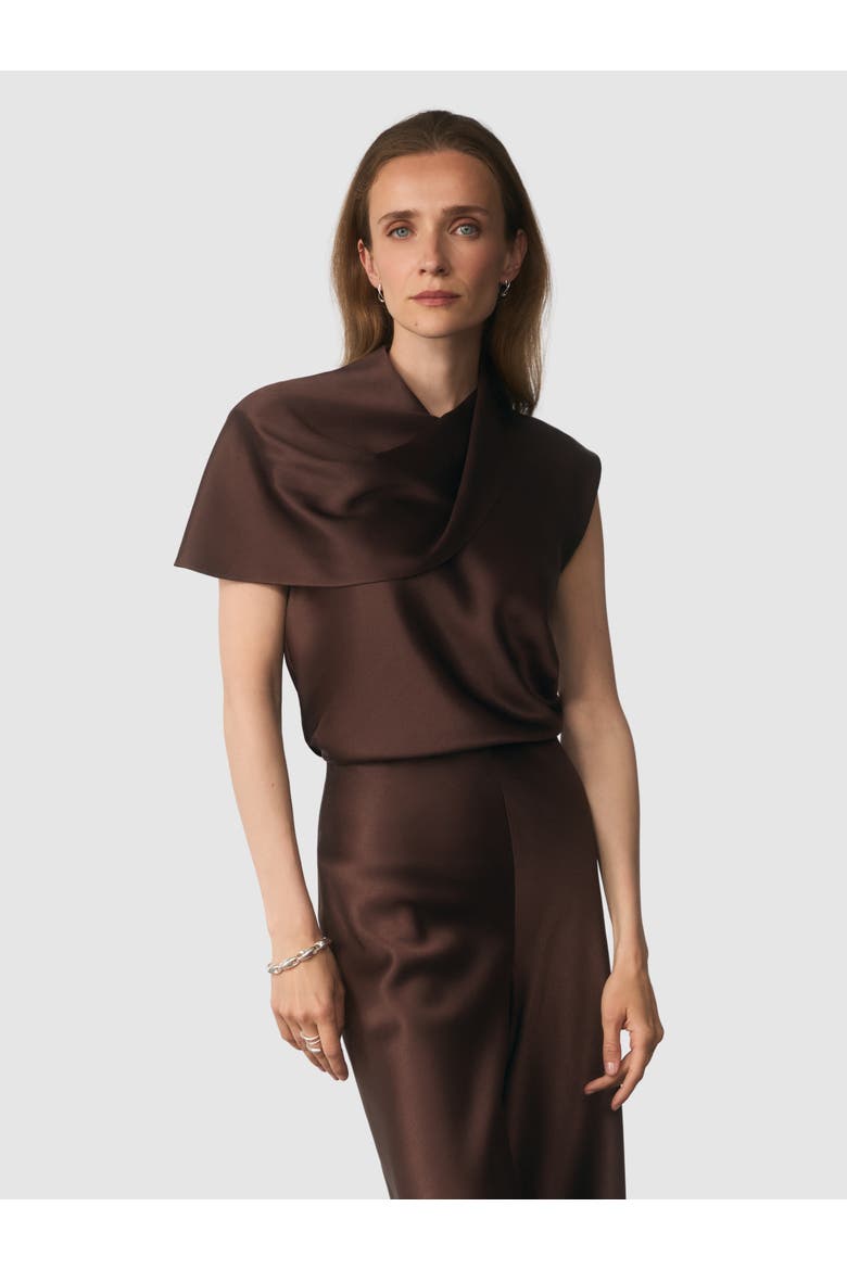 Ocana Asymmetric Sleeve Satin Blouse, Main, color, Brown