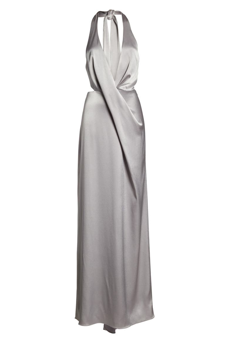 V-Neck Draped Satin Gown, Alternate, color, FOG