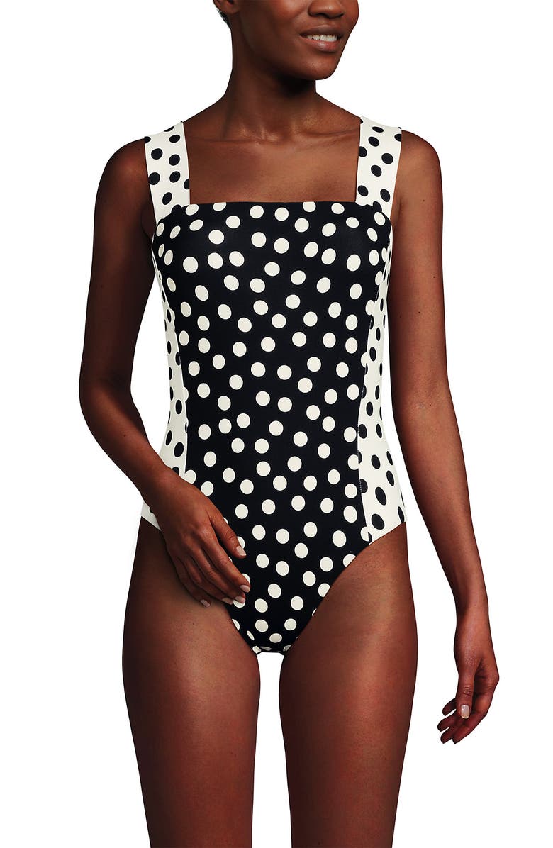 Lands
End Square Neck High Leg One Piece Swimsuit, Alternate, color, Black/Egret Mixed Tossed Dots