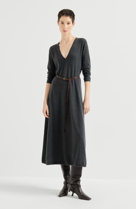 Cashmere knit dress with belt and monili