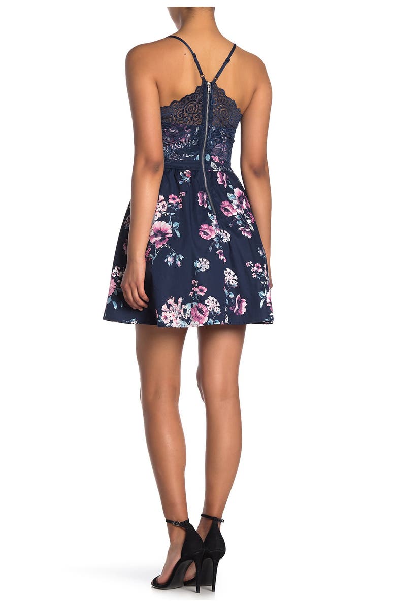 LOVE, NICKIE LEW Floral Print Lace Back Skater Dress, Alternate, color,