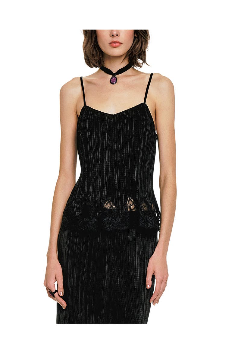 Plisse Lace Trimmed Camisole, Main, color, Black