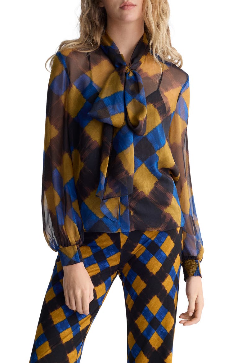 Garcele Silk Tie Neck Top, Main, color, BUFFALO PLAID MID CARAWAY