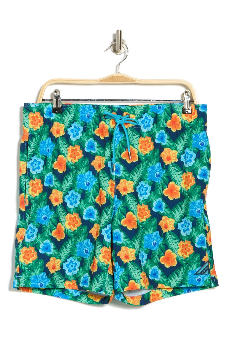 Hibiscus Leaf Print Swim Trunks, Alternate, color, NAVY AQUA