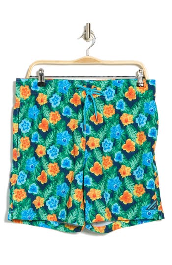 Shop Mr.swim Hibiscus Leaf Print Swim Trunks In Navy Aqua