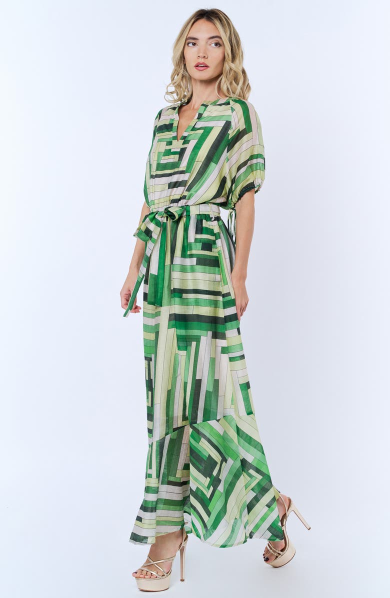 CIEBON Gemma Puff Sleeve Tie Belt Maxi Dress, Alternate, color, Green Multi