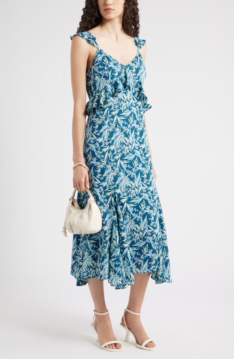 Chelsea28 Floral Print Ruffle Midi Dress, Alternate, color, Teal- Blue Tropical Paint