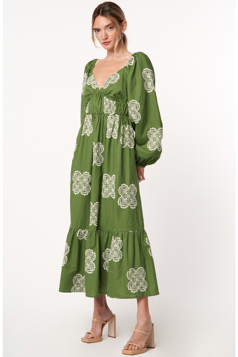 Serbita Medallion Embroidery Long Sleeve Cotton & Linen Midi Dress, Alternate, color, GREEN