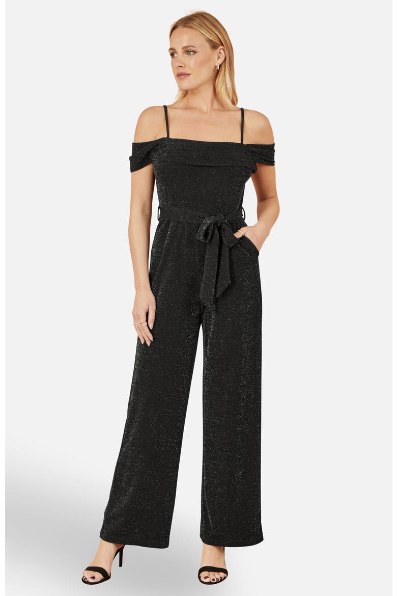 Sparkle Stretch Bardot Jumpsuit, Alternate, color, Black