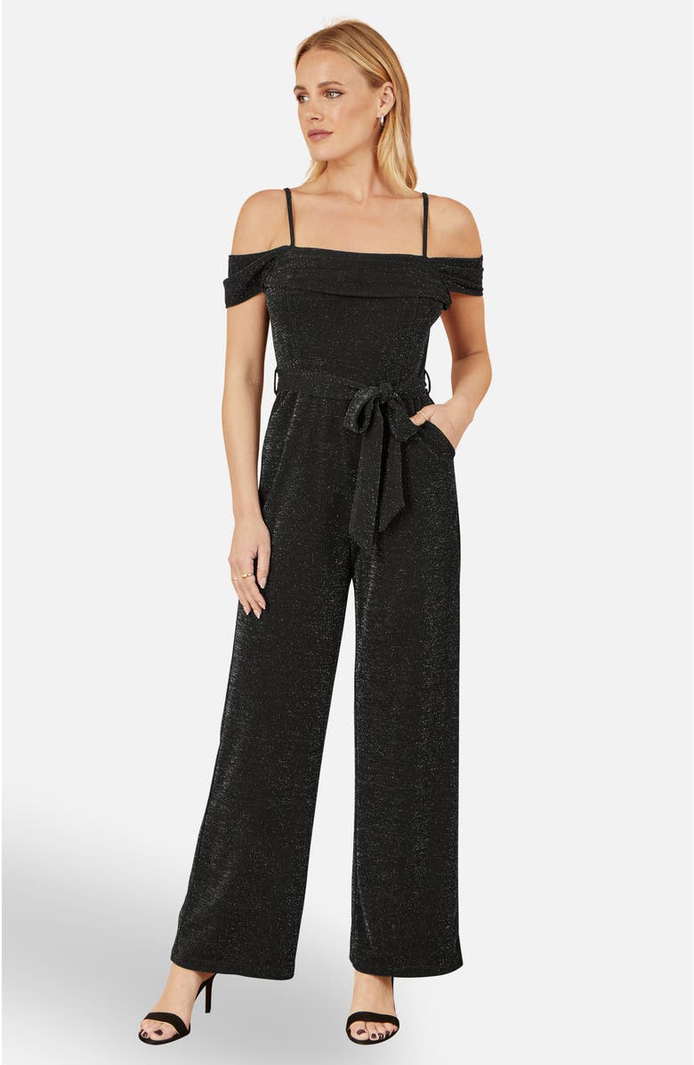 Yumi Sparkle Stretch Bardot Jumpsuit, Alternate, color, Black