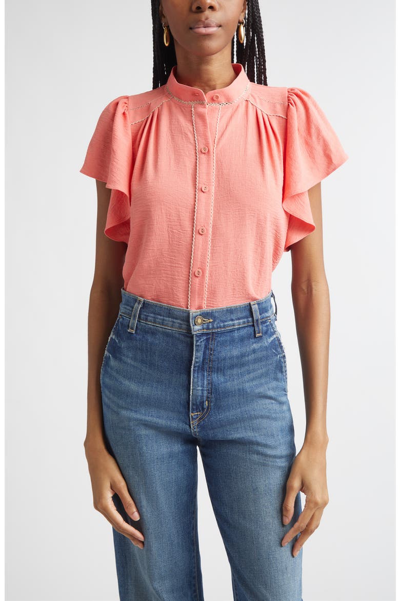 Aurora Ruffle Sleeve Button Front Shirt, Main, color, CORAL