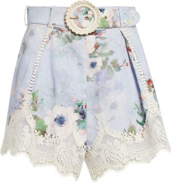 Zimmermann Everley Floral Belted Lace Trim Linen Shorts