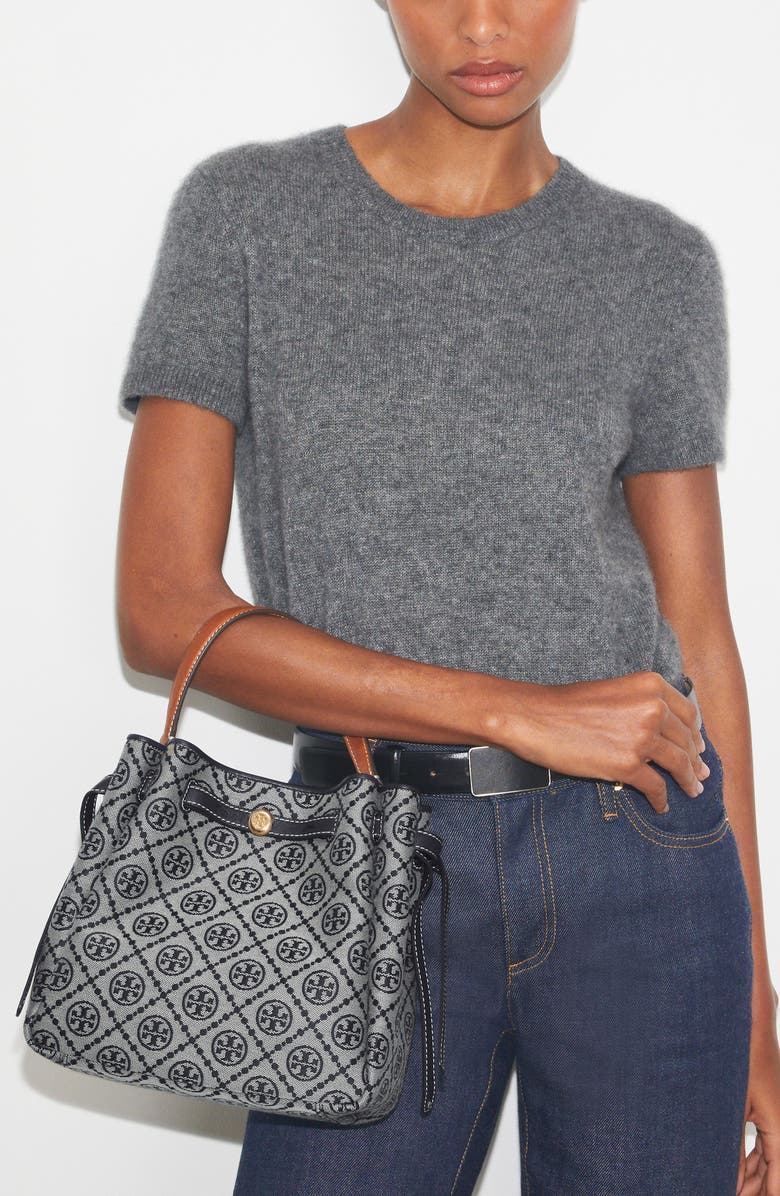 Tory Burch Romy T Monogram Jacquard & Leather Bucket Bag, Alternate, color, Tory Navy