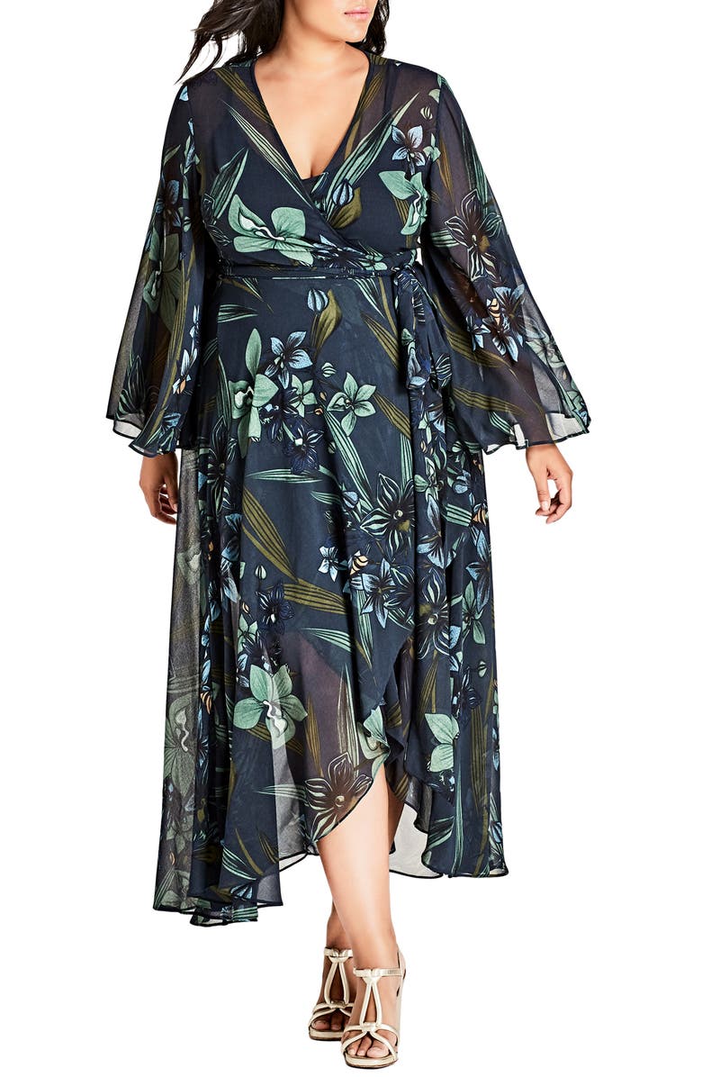 City Chic Moody Floral Maxi Wrap Dress, Main, color,