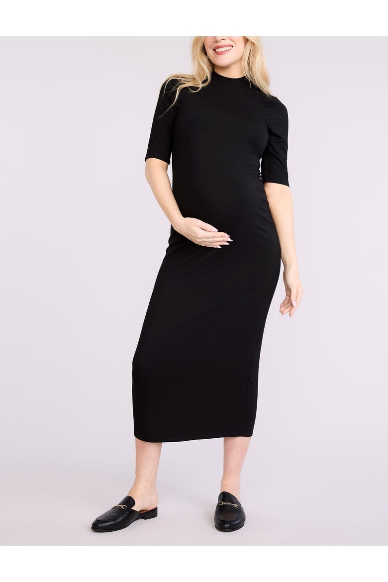 Mock Neck 3/4 Sleeve Ribbed Maxi Dress, Main, color, Black