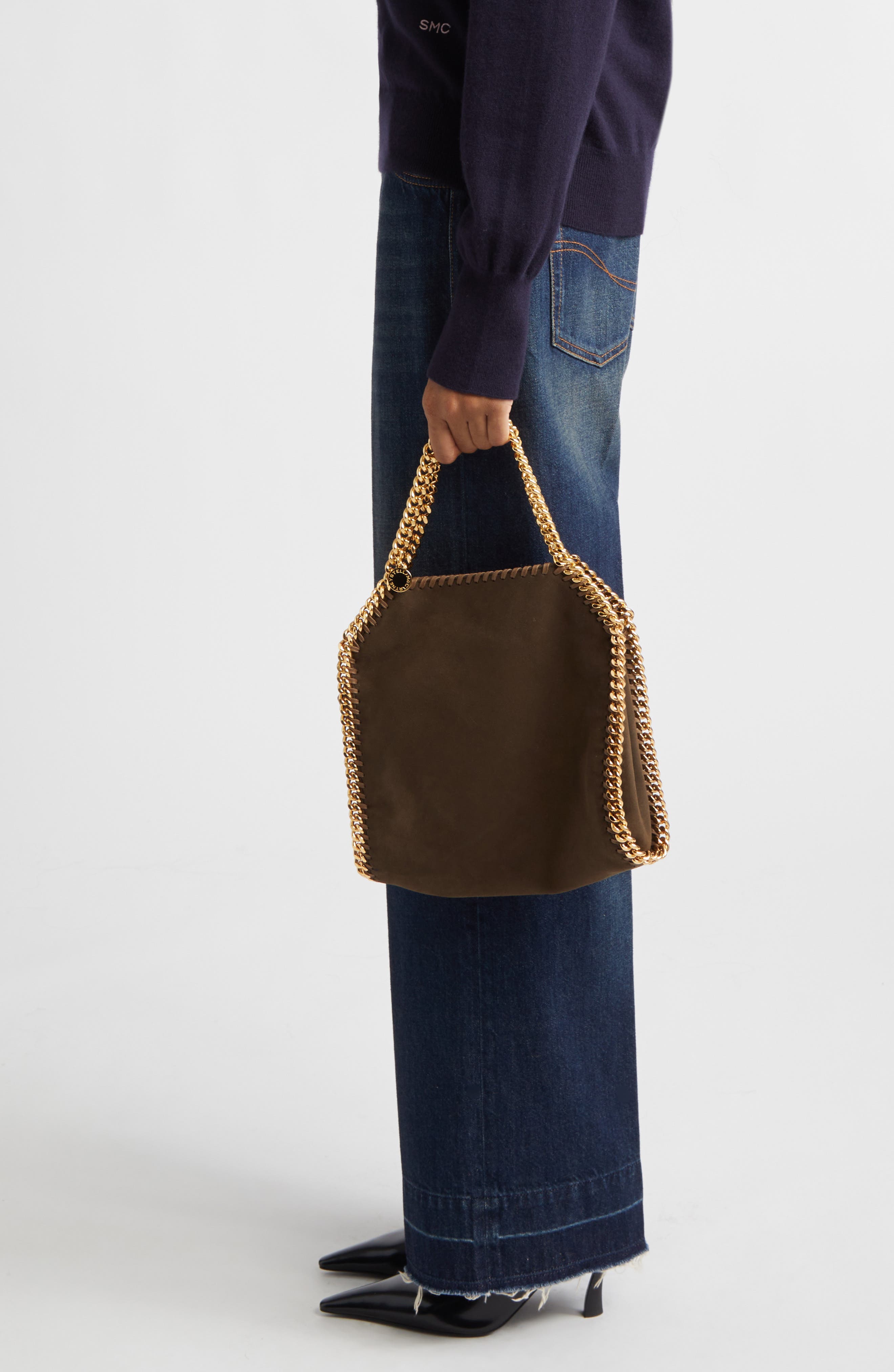 Stella McCartney Mini Falabella Faux Suede Crossbody Bag, Alternate, color, Moka
