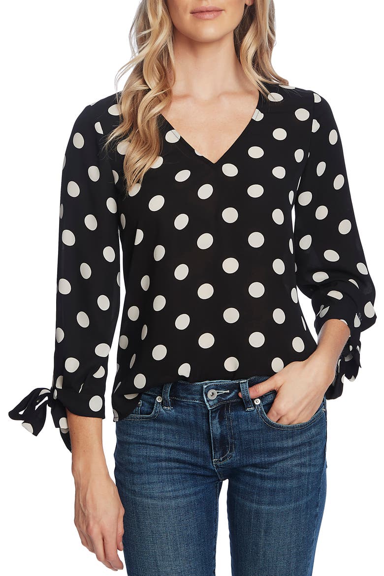 Moonlit Dot Tie Cuff Blouse, Main, color, RICH BLACK