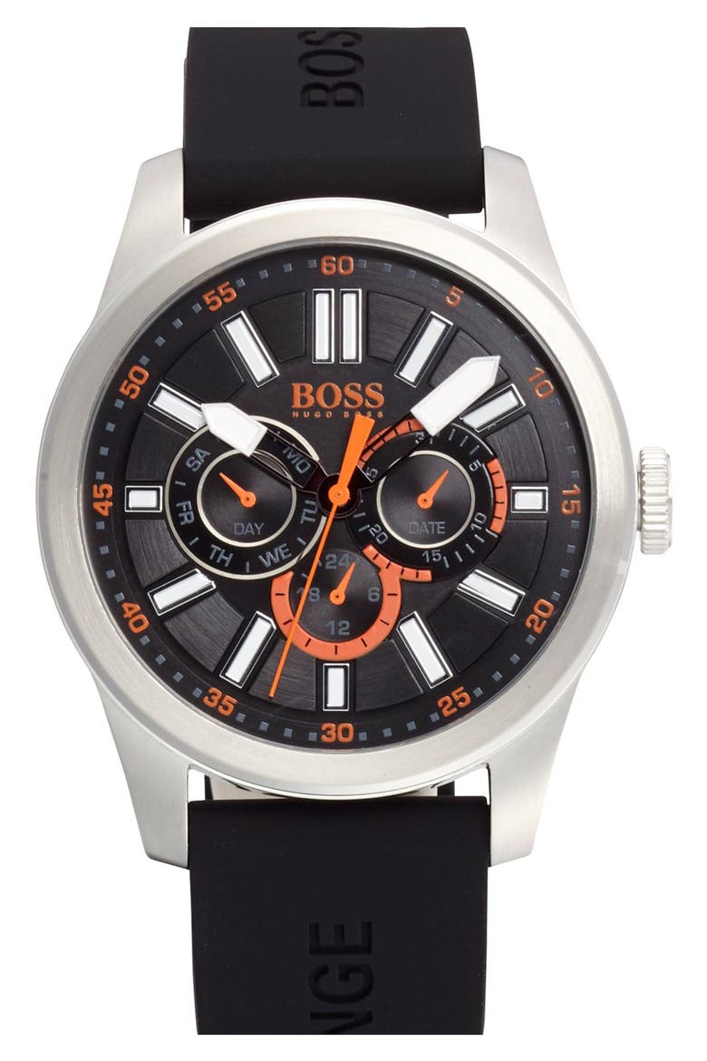 BOSS Orange 'Big Up' Multifunction Silicone Strap Watch, 44mm, Main, color, BLACK