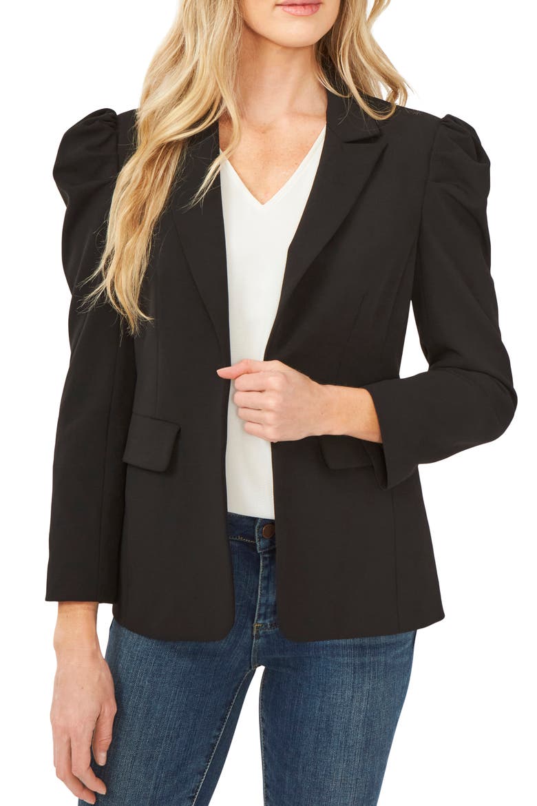 Puff Shoulder Open Front Ponte Blazer, Main, color, RICH BLACK