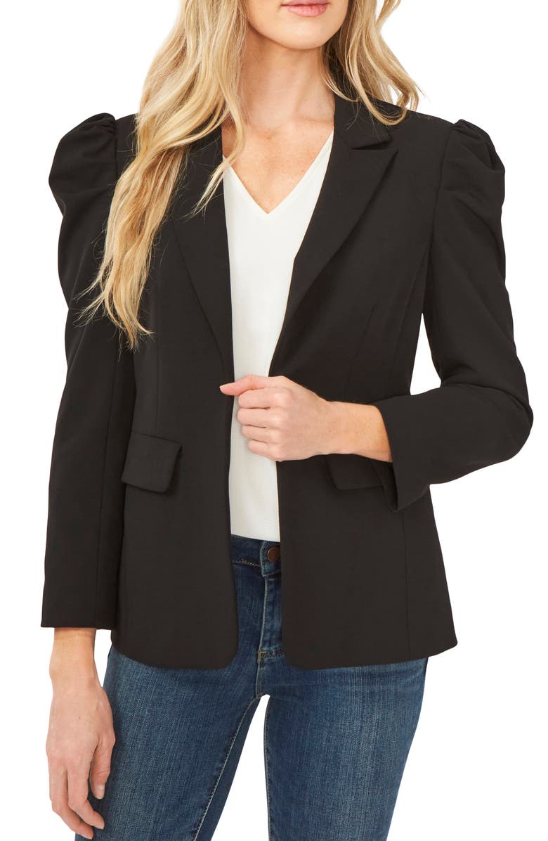 CeCe Puff Shoulder Open Front Ponte Blazer, Main, color, Rich Black
