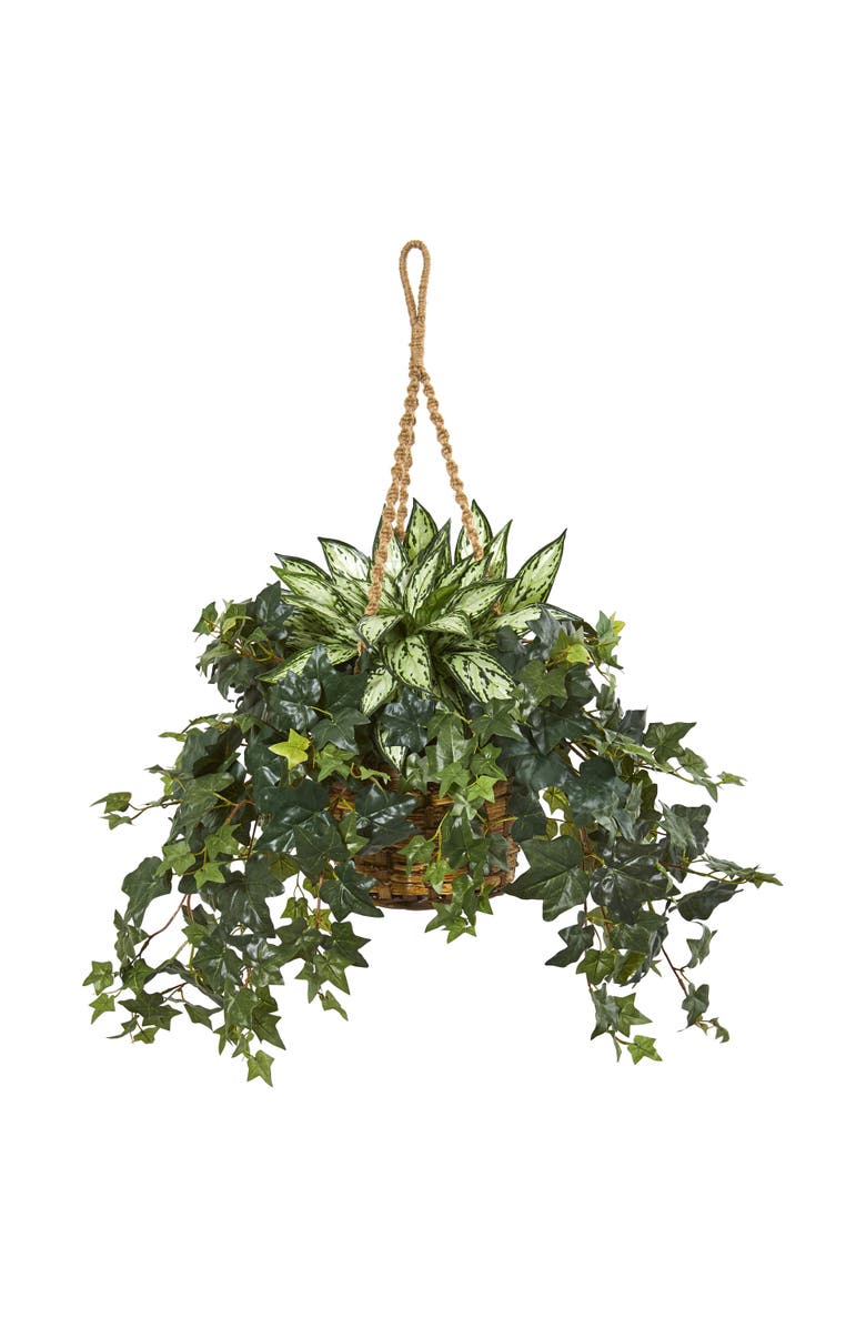 NEARLY NATURAL 30-in Silver Queen and Ivy Artificial Plant in Hanging Basket, Main, color, Green