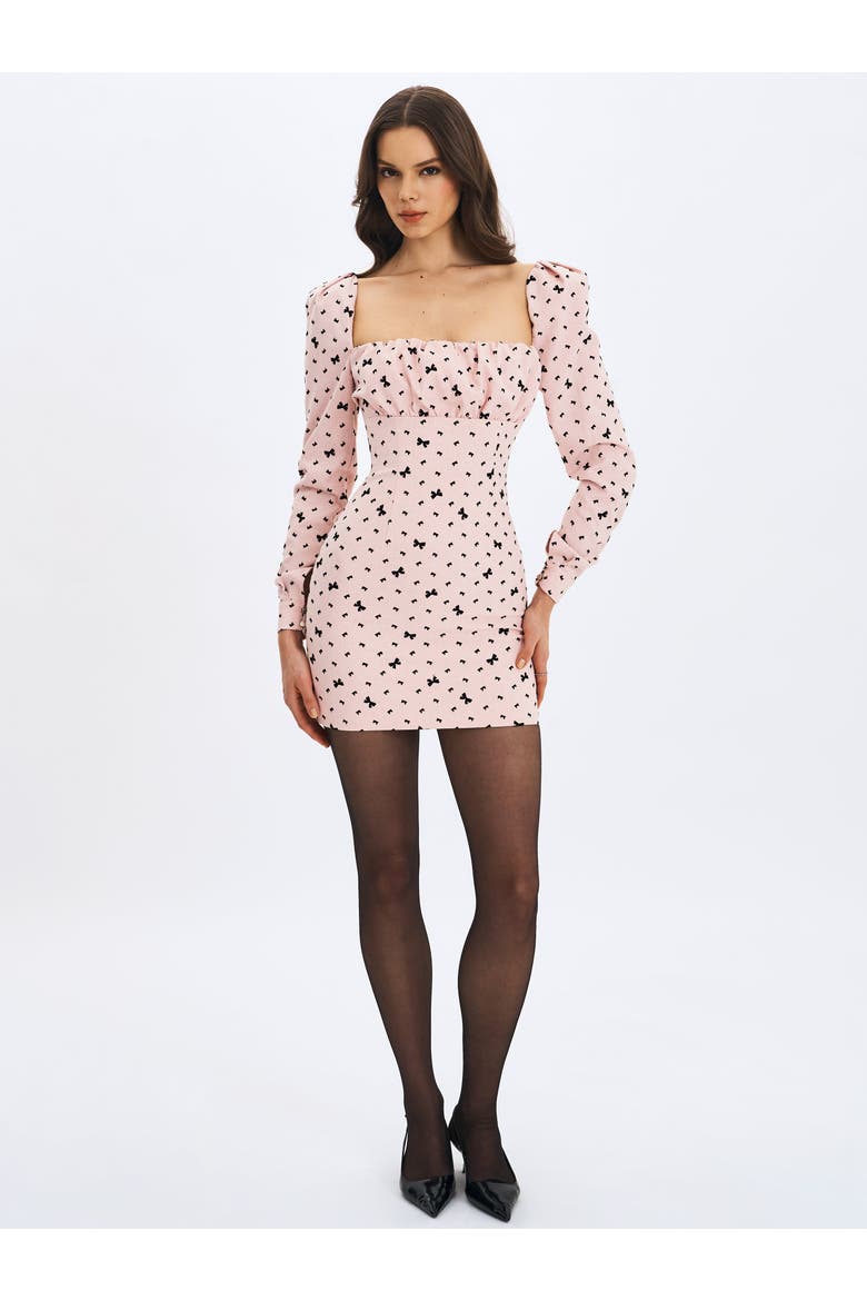 Perla Ruched Bust Velvet-Embossed Bow Mini Dress, Alternate, color, Baby Pink