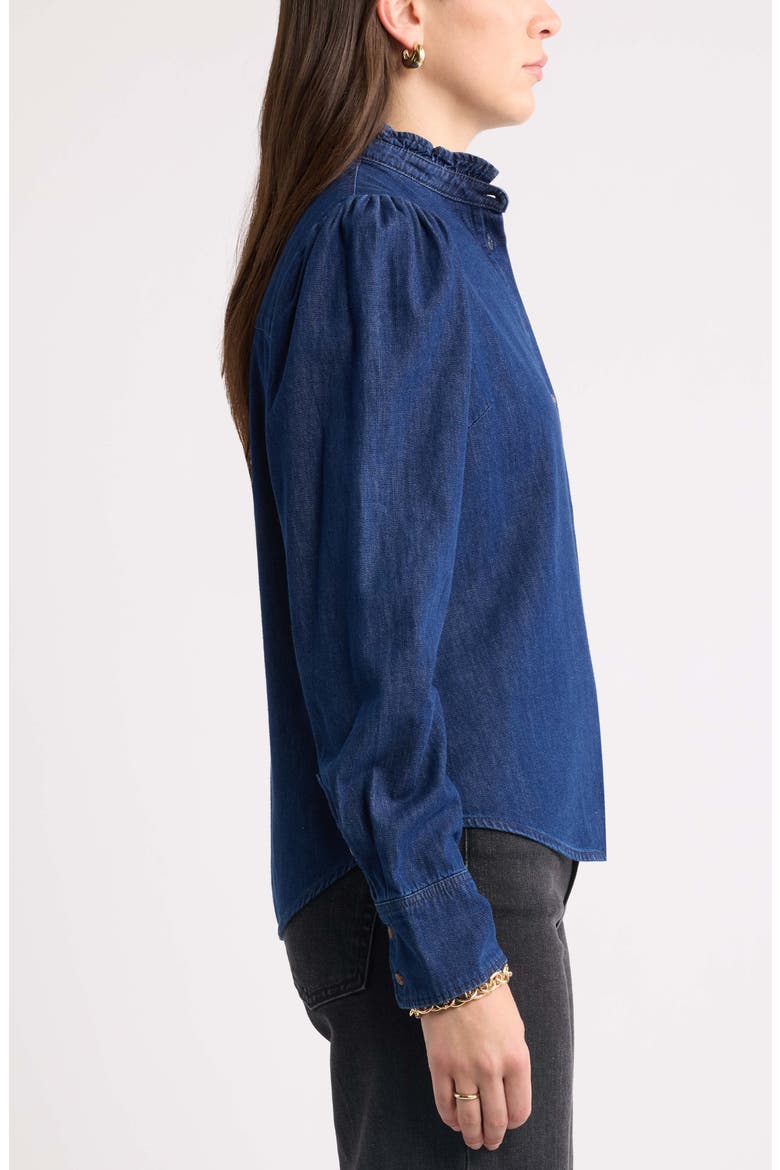 Ruffle Neck Puffed Sleeve Chambray Shirt, Alternate, color, DARK WASH