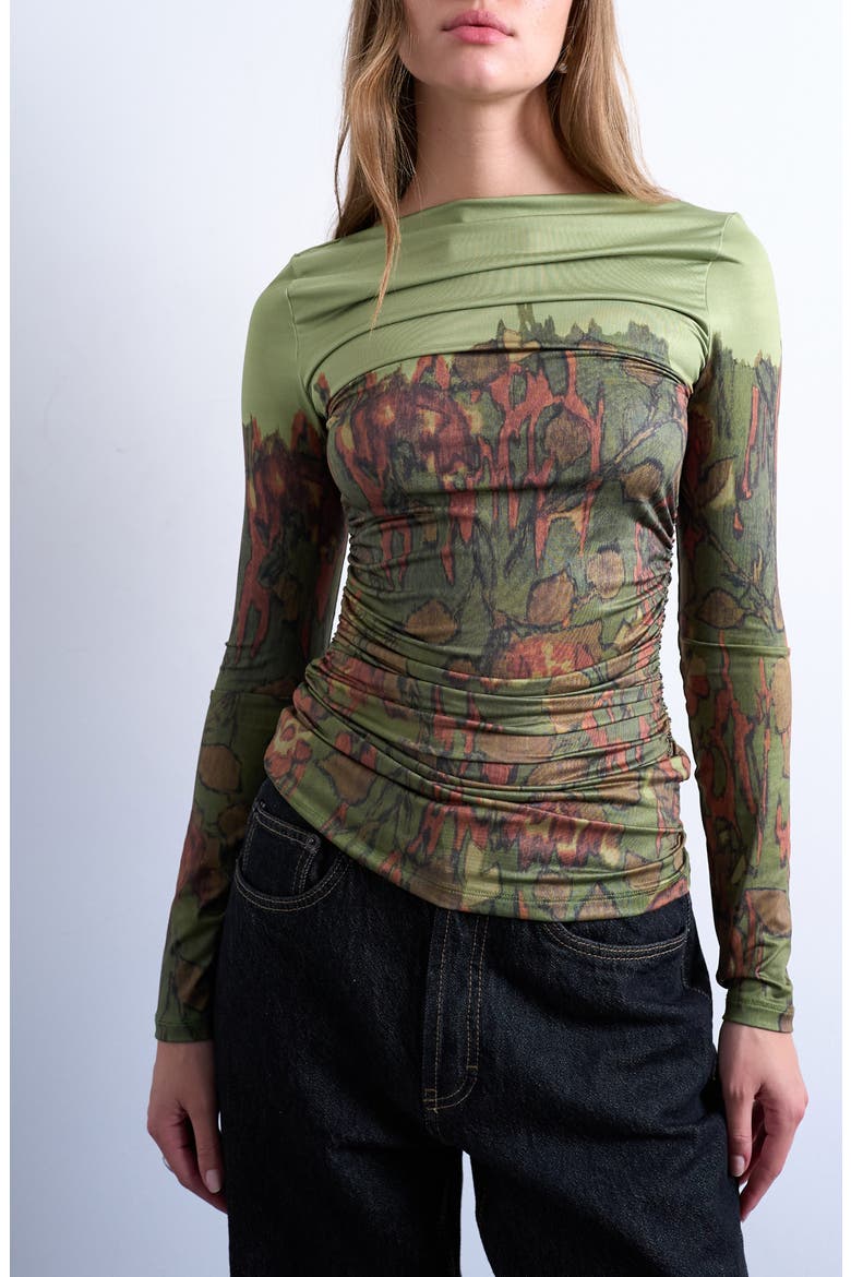 Print Ruched Top, Main, color, MEDIUM GREEN