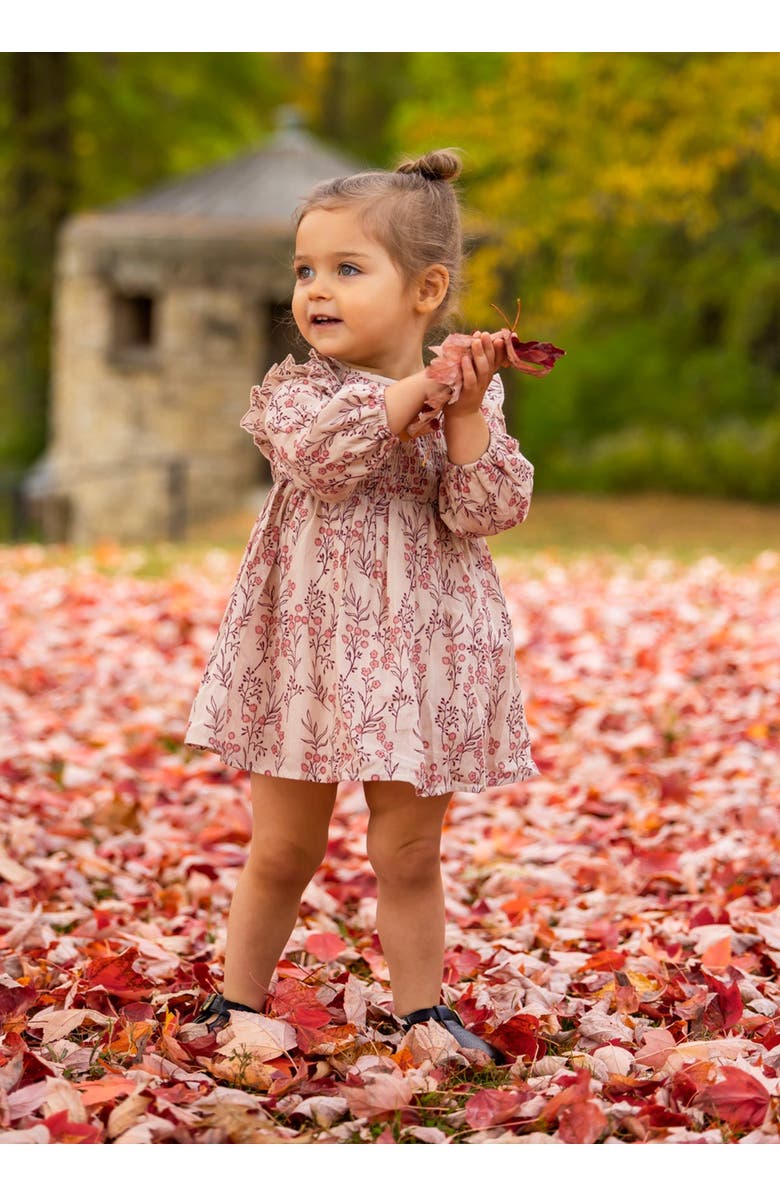 Mabel + Honey Mabel and Honey Girls' Long-Sleeve Autumn Floral Dress, Ruffled Collar and Smocked Front, Brown., Alternate, color, Brown