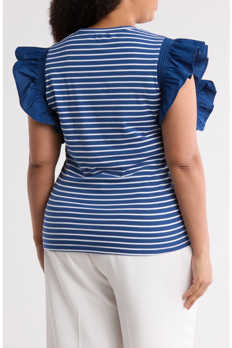 Geneva Stripe Poplin Ruffle Sleeve T-Shirt, Alternate, color, NAVY PEONY/ WHITE